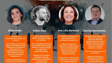 Flyer de primera Comunidad de Práctica con el detalle de sus cuatro comentaristas.