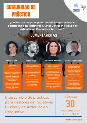 Flyer de primera Comunidad de Práctica con el detalle de sus cuatro comentaristas.
