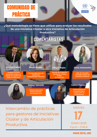 Flyer de sexta Comunidad de Práctica con el detalle de sus comentaristas.