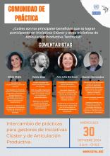 Flyer de primera Comunidad de Práctica con el detalle de sus cuatro comentaristas.