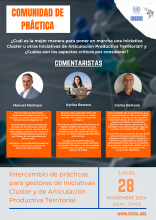 Flyer de segunda Comunidad de Práctica con el detalle de sus cuatro comentaristas.